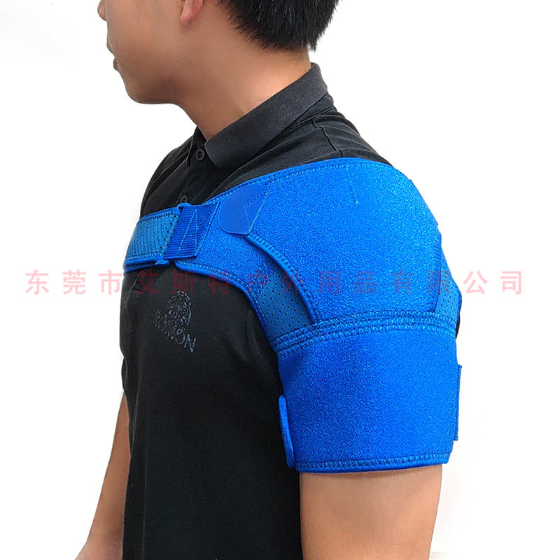 Black shoulder brace with close-up view of straps, neoprene texture, and support panels