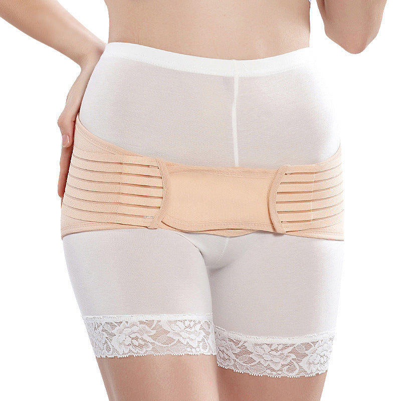 Model wearing adjustable maternity support belt around the belly and pelvis