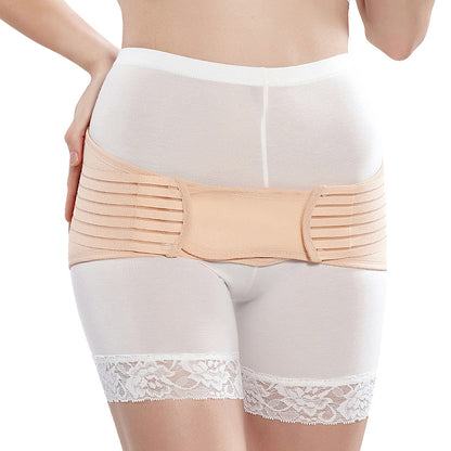 Model wearing adjustable maternity support belt around the belly and pelvis