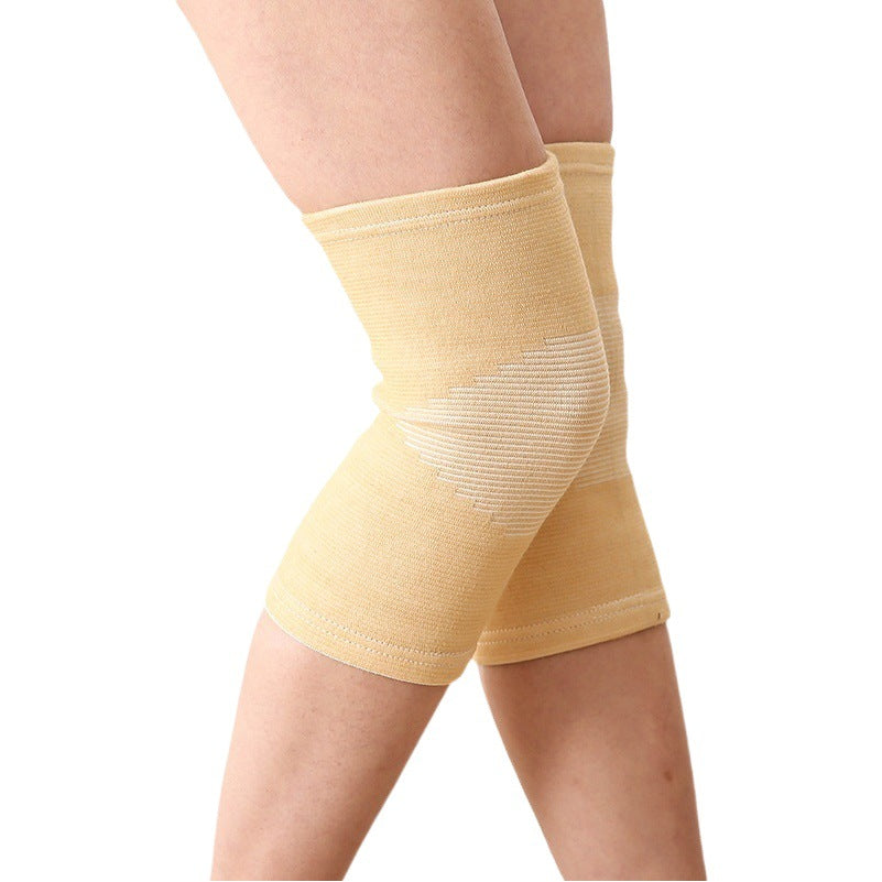 Skin tone knitted knee support sleeve worn on leg showing side fit and texture