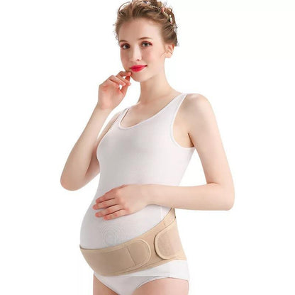 Front view of pink maternity belly support belt on model