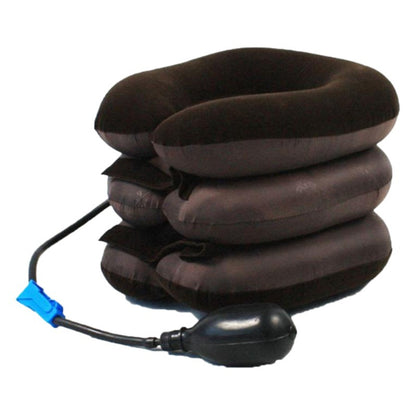 Dark blue inflatable neck support brace with hand pump