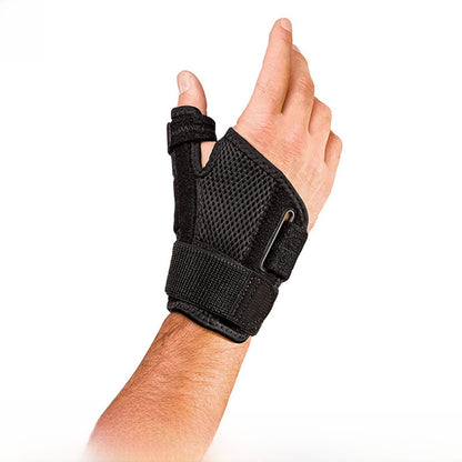 Front view of black thumb wrist support sleeve with breathable mesh and hook-and-loop strap