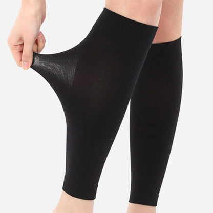 Stretch knit calf support sleeve being pulled to show elasticity
