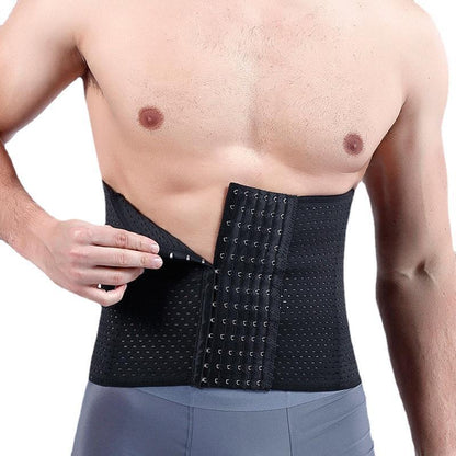 Black men’s waist support belt worn on model with front hook closure