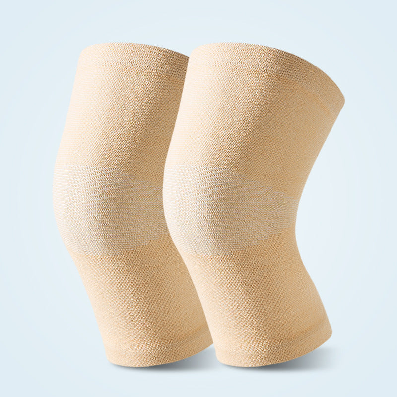Pair of skin tone knit knee support sleeves with breathable compression fabric