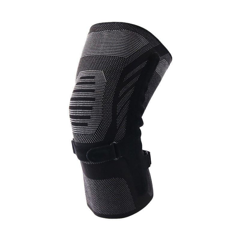 Angled view of breathable knee support brace with adjustable strap and knit sleeve