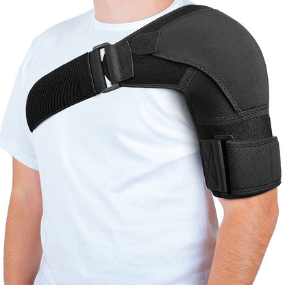 Blue shoulder brace worn from side view showing strap placement and shoulder coverage