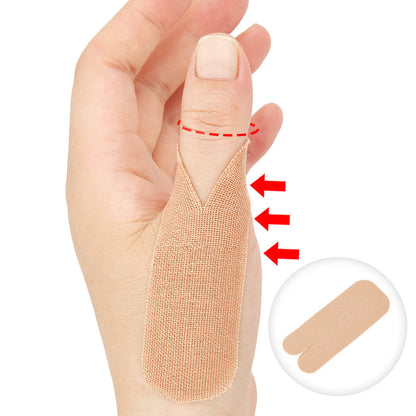 Beige thumb support patch shown during keyboard use, phone use, and sports activity