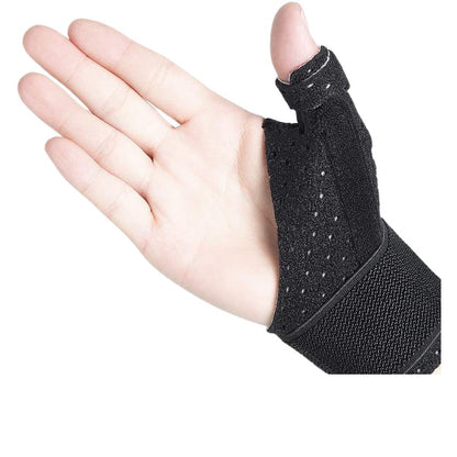 Breathable perforated fabric detail on black thumb and wrist brace