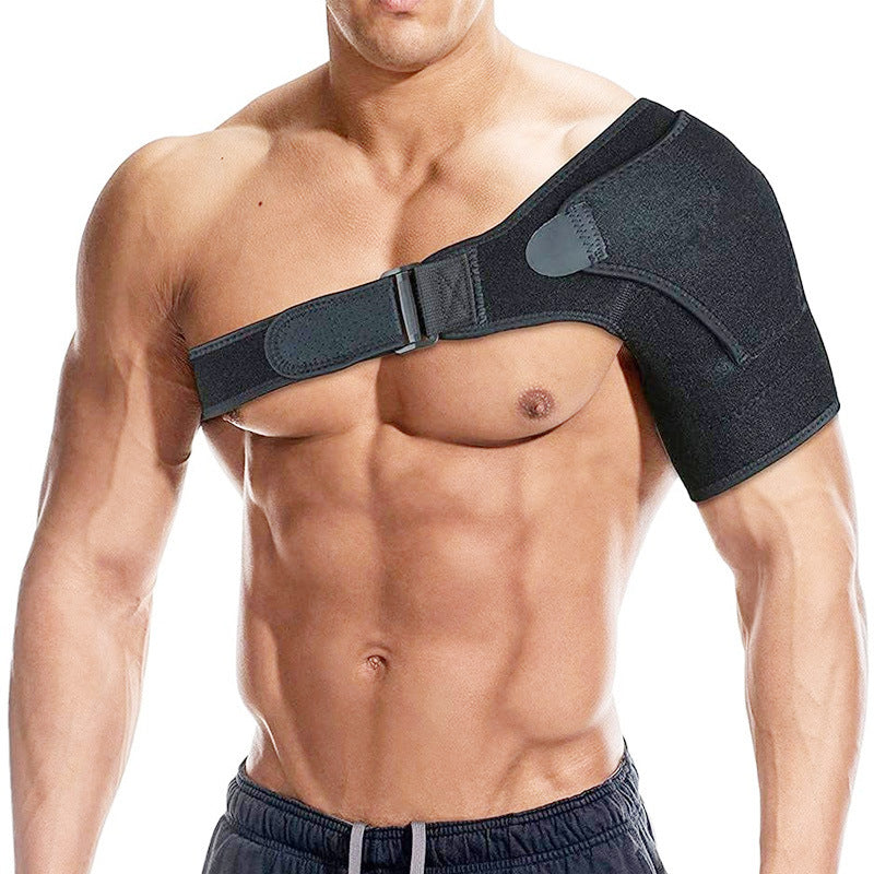 Model wearing adjustable shoulder brace showing wraparound shoulder and upper arm coverage