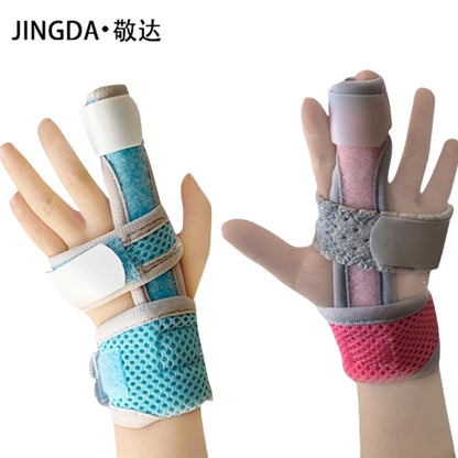 Front and back views of a blue two-finger support brace for children