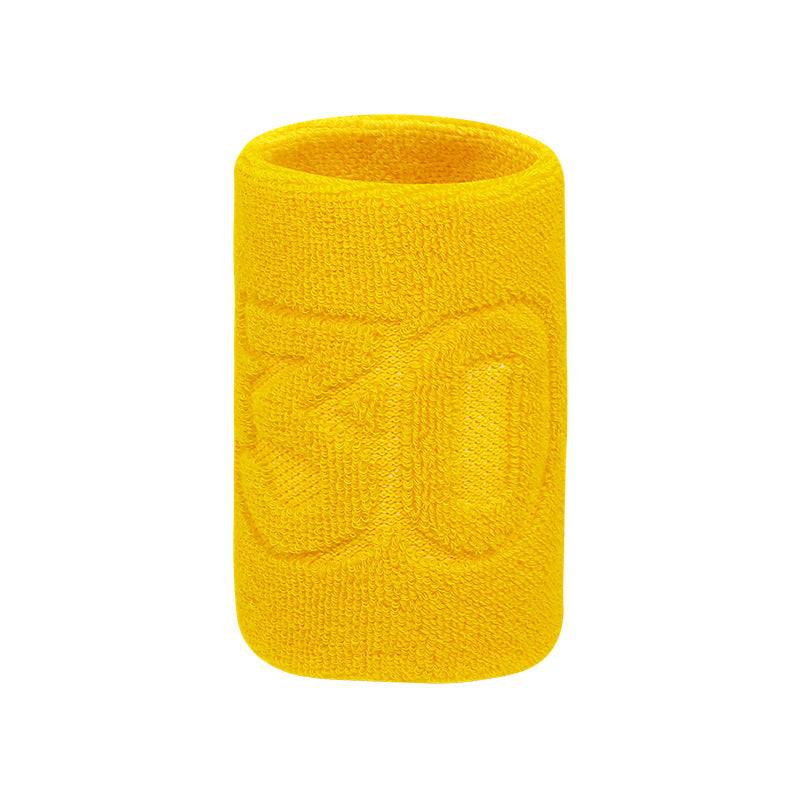 White cotton terry wrist sweatband with size reference on white background