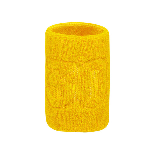 White cotton terry wrist sweatband with size reference on white background