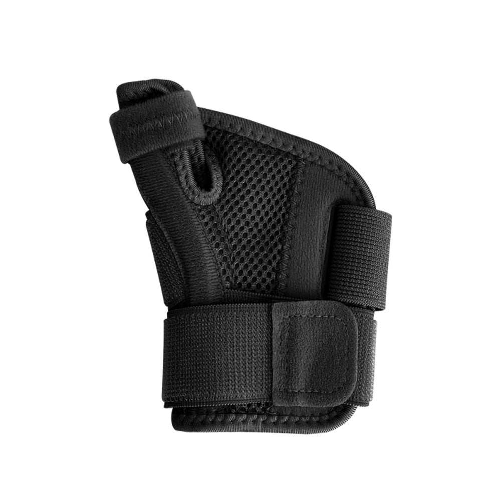 Black thumb wrist brace with breathable mesh, thumb opening, and wrist wrap