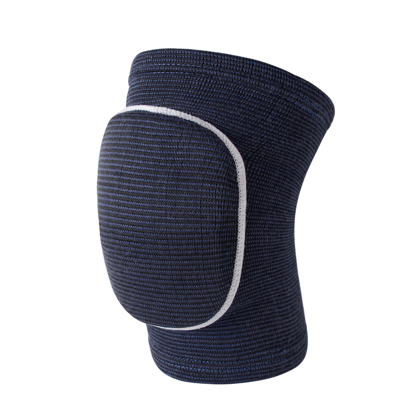 Black padded knee support sleeve with knit compression and contoured knee pad on white background