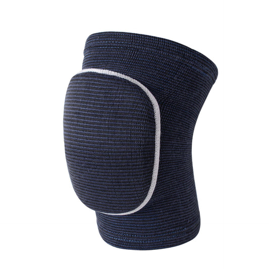 Black padded knee support sleeve with knit compression and contoured knee pad on white background