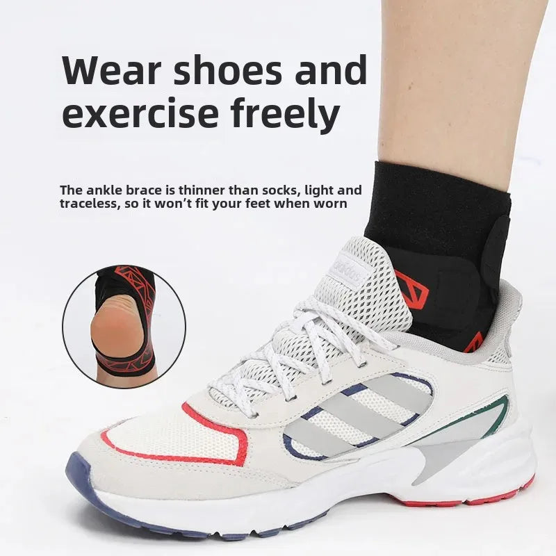 Ankle brace sleeve worn on foot showing supportive fit around the ankle
