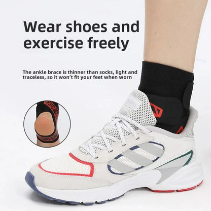 Ankle brace sleeve worn on foot showing supportive fit around the ankle