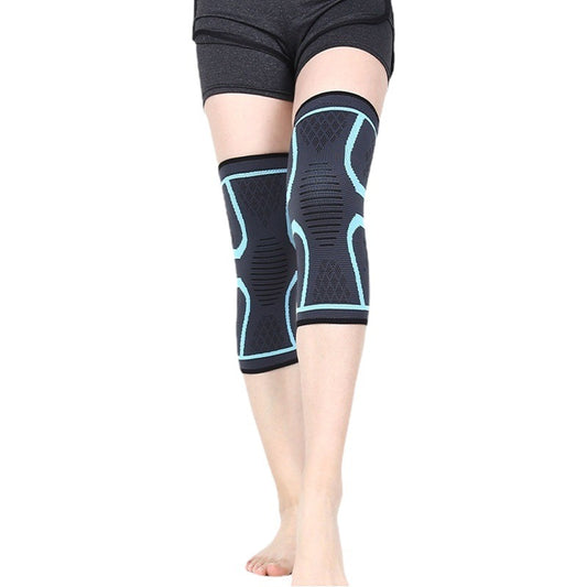 Black knitted knee support sleeve with light blue trim worn on legs