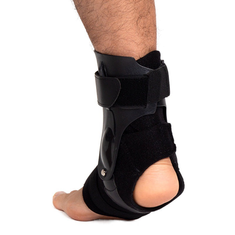 Front and side view of adjustable ankle support brace with wrap-around straps