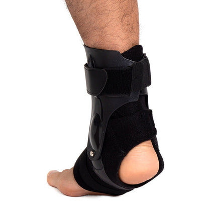 Front and side view of adjustable ankle support brace with wrap-around straps
