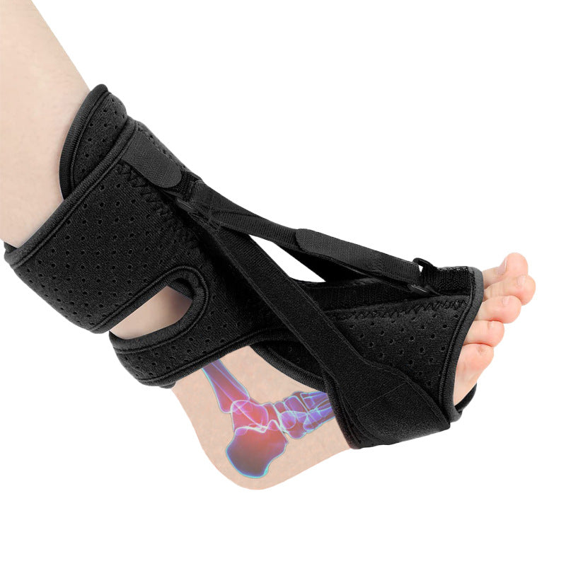 Adjustable black foot drop brace worn on foot with open-toe design and ankle support straps