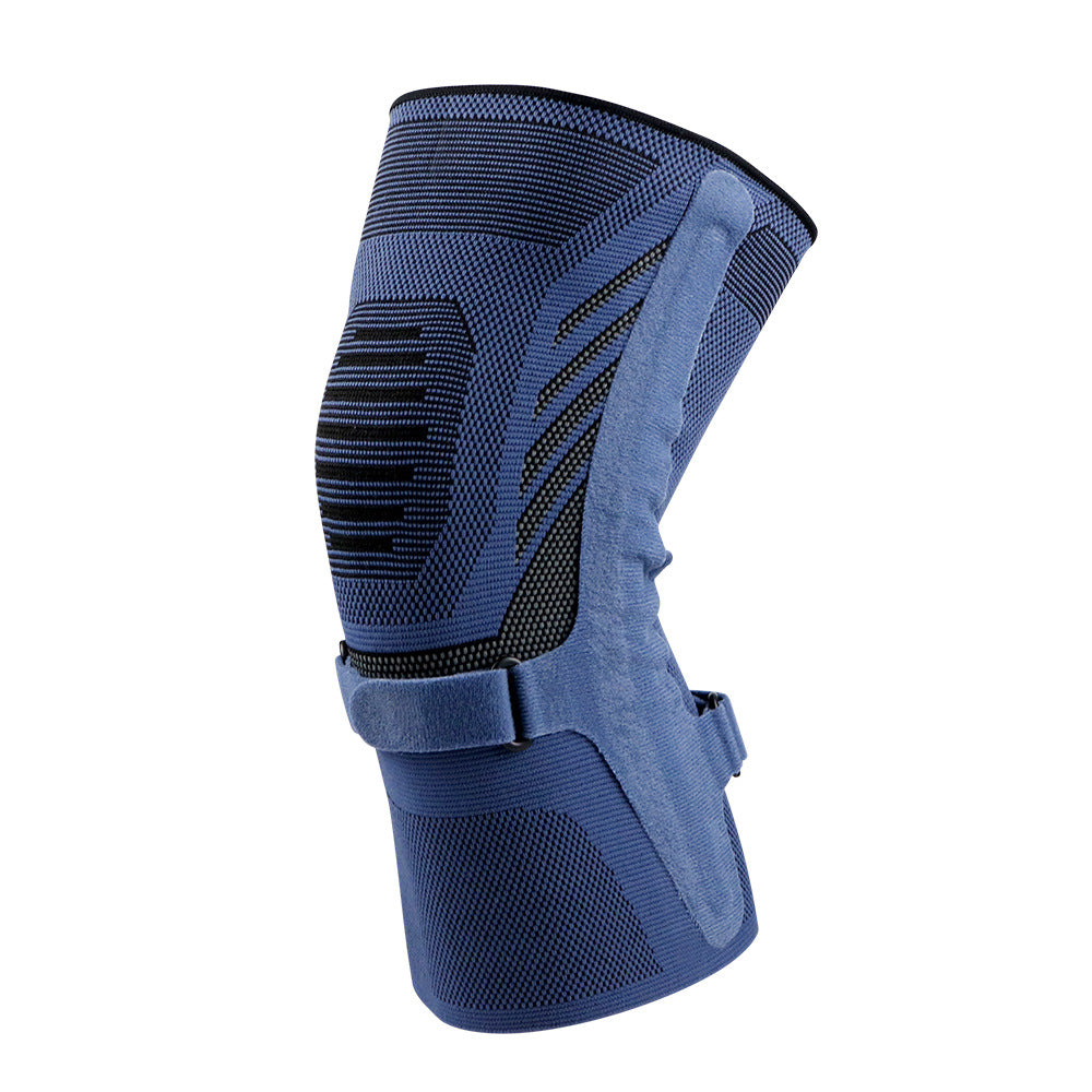 Dark blue adjustable breathable knee support brace with side spring stays and compression strap
