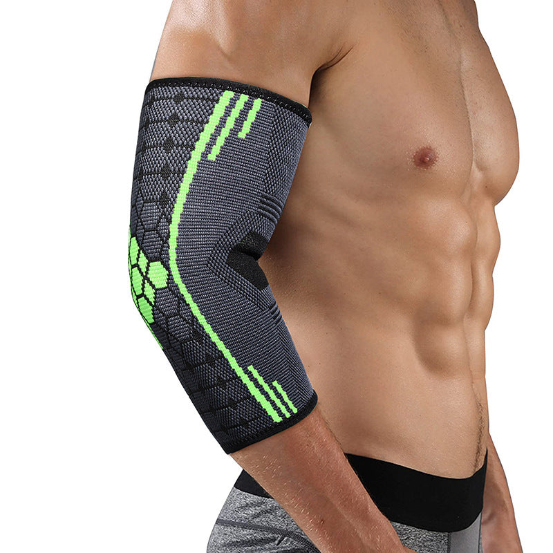 Red elbow support sleeve showing stretch knit pattern and elbow coverage