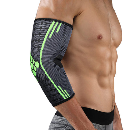 Red elbow support sleeve showing stretch knit pattern and elbow coverage