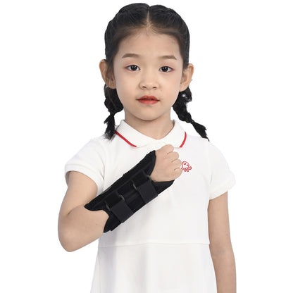 Black kids wrist brace with adjustable strap closure and splint-style shape