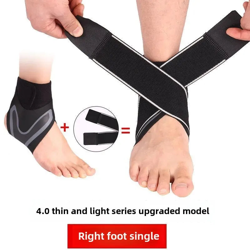 Blue striped ankle brace with wrap straps worn on foot