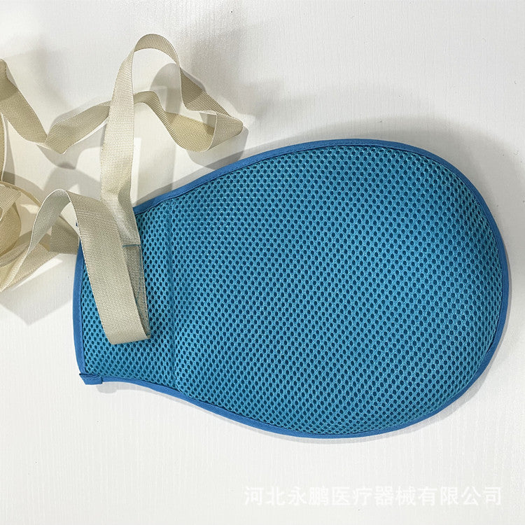 Side view of blue mesh hand support glove with adjustable wrist strap