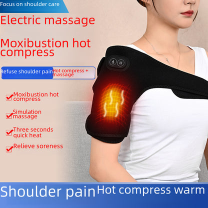 Black shoulder support brace worn on shoulder showing adjustable strap placement