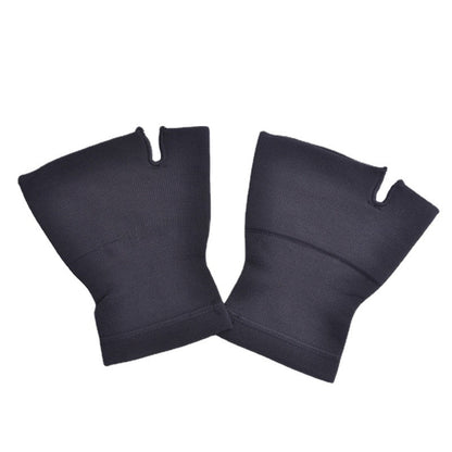 Thumb wrist brace sleeves in black and nude shown worn on hands