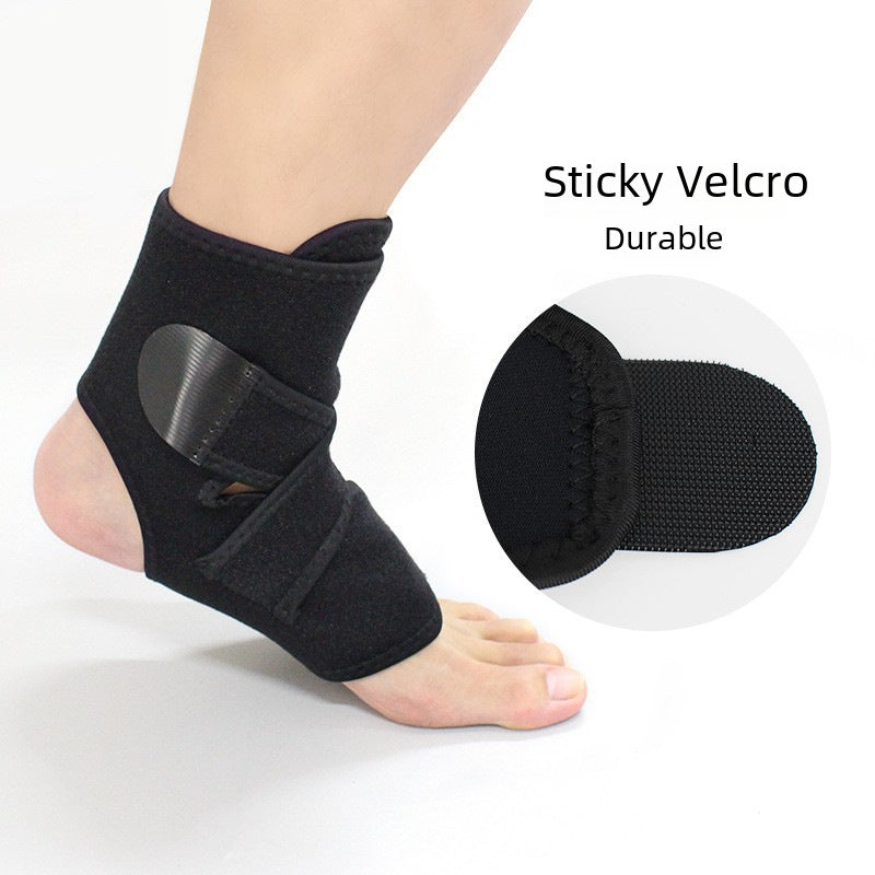 Close-up of black ankle brace showing hook-and-loop wrap strap fastening
