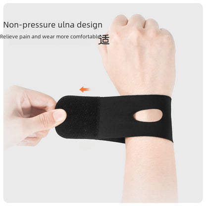 Skin tone wrist support brace worn on wrist showing slim flexible fit
