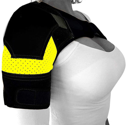 Black camouflage shoulder support brace worn to show fit and coverage