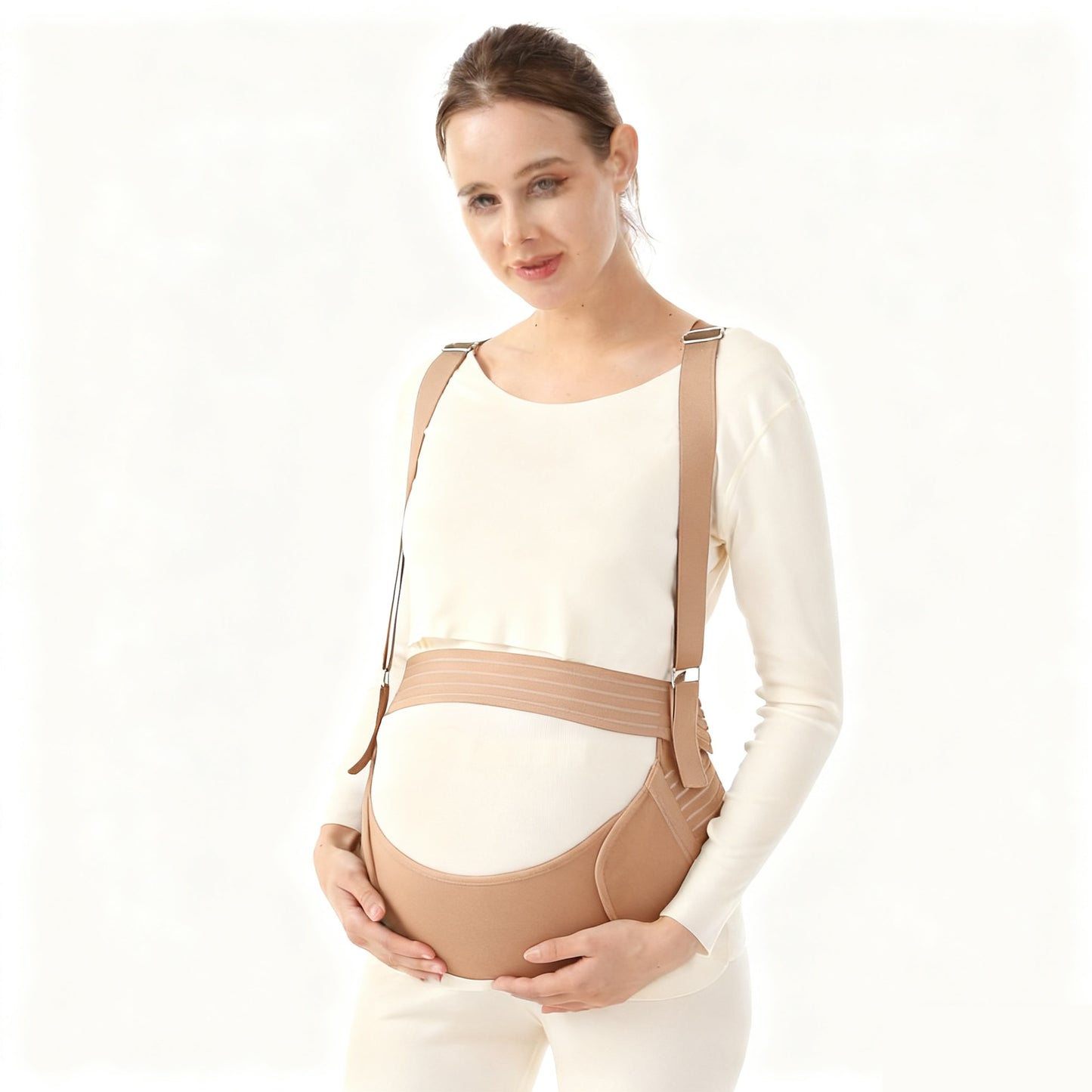 Black strap model maternity support belt with over-belly support and adjustable shoulder-style straps