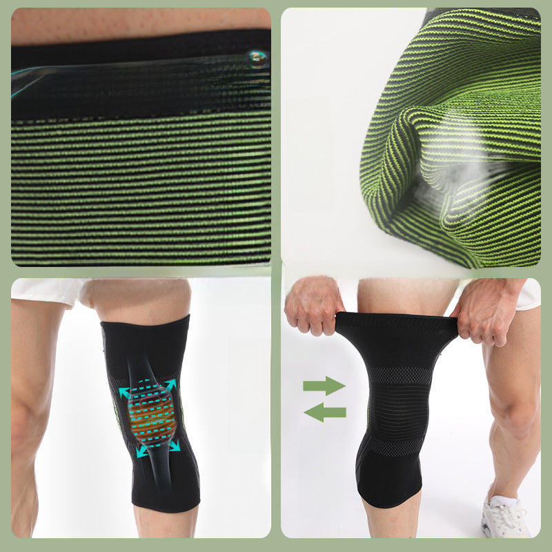 Black blue knee support sleeve worn on leg with size guide