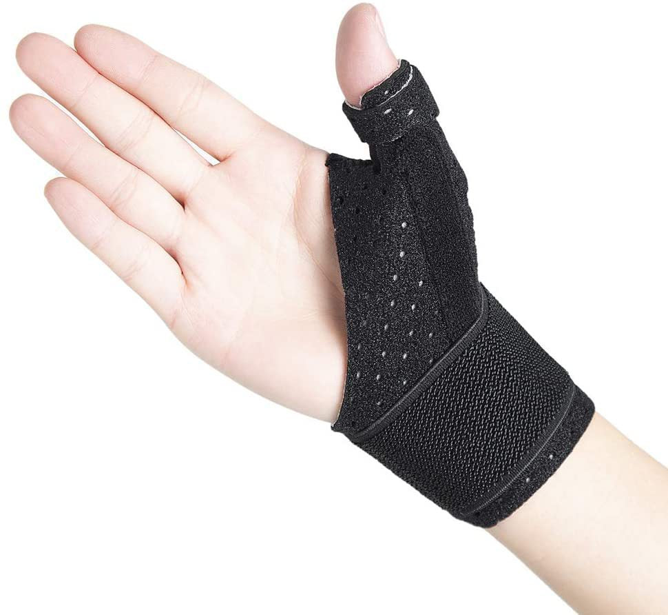 Close view of black thumb wrist brace with adjustable wrap strap