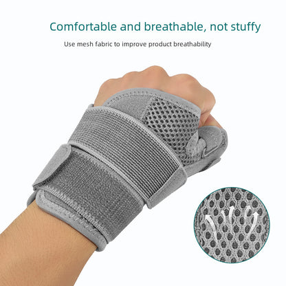 Grey thumb wrist brace worn on hand showing breathable mesh design