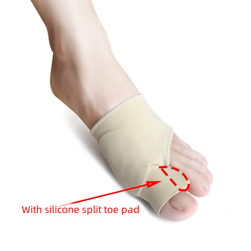 Silicone bunion support toe separator sleeve worn on foot in skin tone