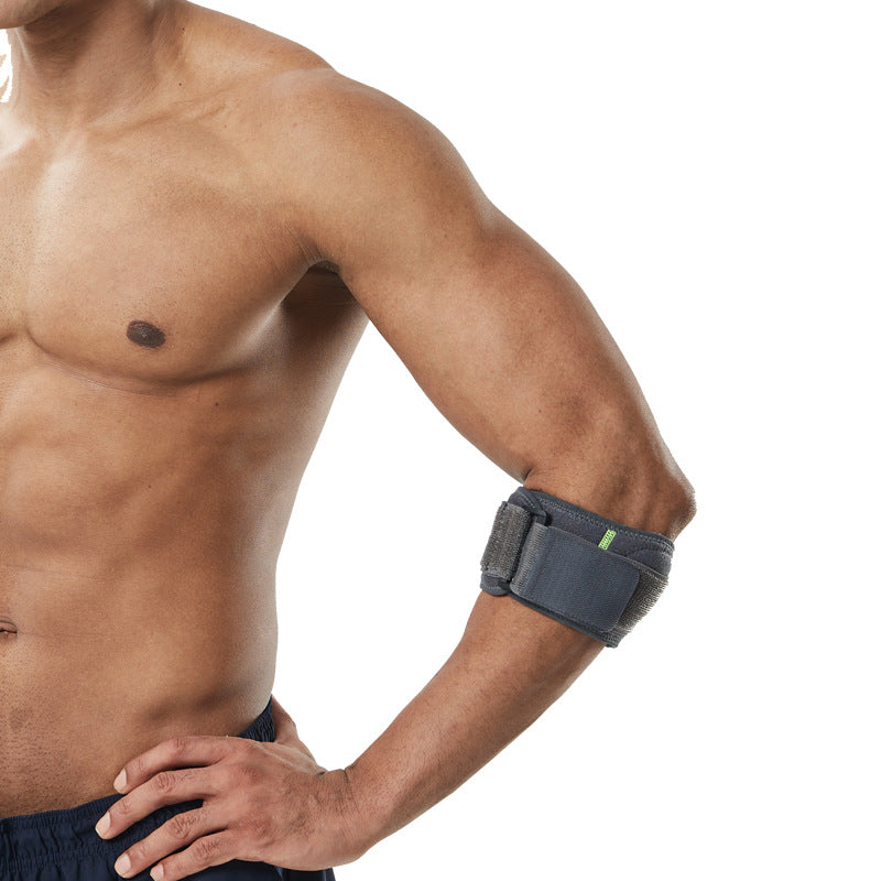 Wraparound elbow brace worn on the arm showing adjustable compression support design
