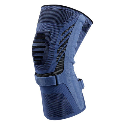 Black knee support brace with adjustable compression strap and side support stays