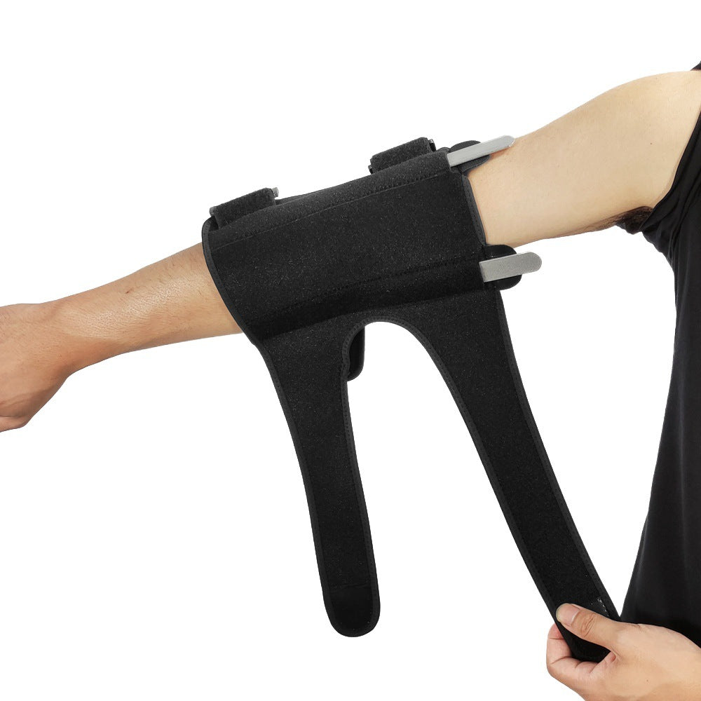 Adjustable elbow support brace worn on arm with structured support visible