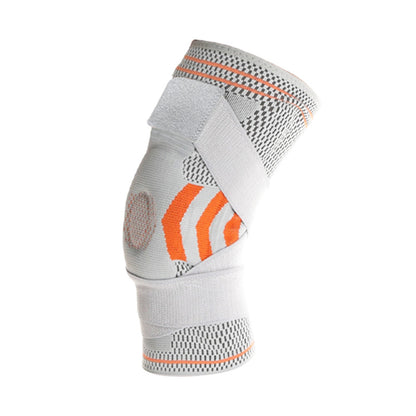 Gray and orange compression knee brace with adjustable patella straps and support sleeve