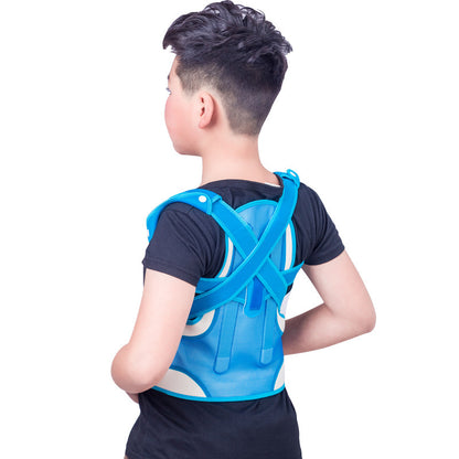 Side and back view of sky blue posture support brace