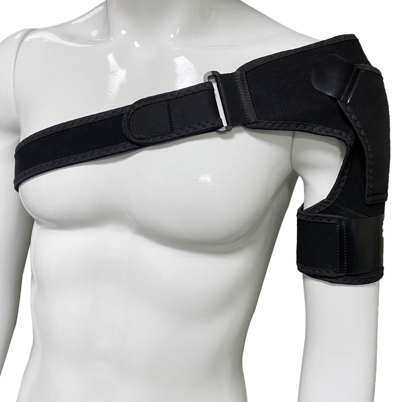 Pink shoulder brace worn from back view showing wraparound fit across shoulder and upper arm