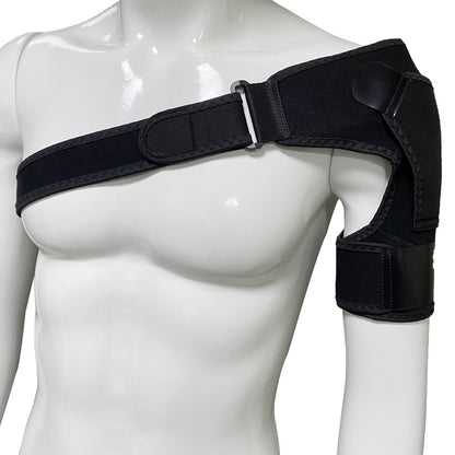 Pink shoulder brace worn from back view showing wraparound fit across shoulder and upper arm